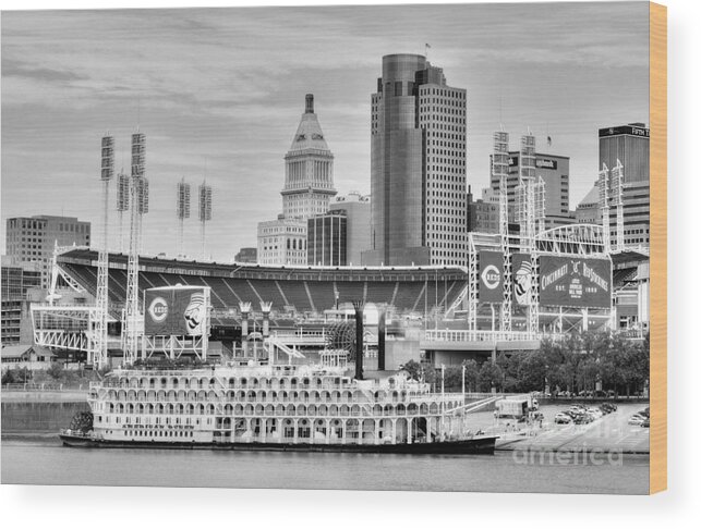 Baseball And Boats In Cincinnati Wood Print featuring the photograph Baseball and Boats In Cincinnati Black and White by Mel Steinhauer