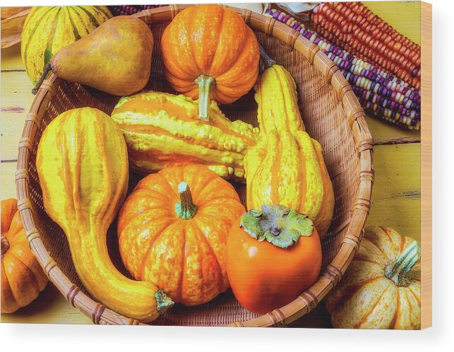 Basket Wood Print featuring the photograph Basket Of Autumn Gourds And Fruits by Garry Gay