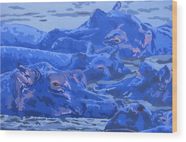 African Hippos Wood Print featuring the painting Bathing Beauties by Cheryl Bowman