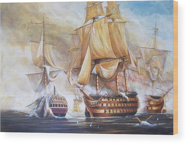 Seascape Wood Print featuring the painting Battle of Trafalger by Perry's Fine Art