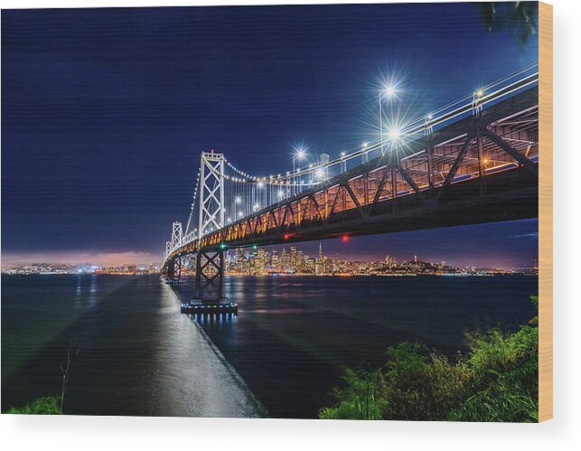 Bay Area Wood Print featuring the photograph Bay Bridge and San Francisco By Night 2 by Jason Chu