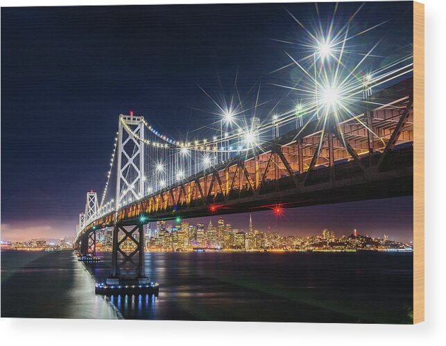 Bay Area Wood Print featuring the photograph Bay Bridge and San Francisco By Night 5 by Jason Chu