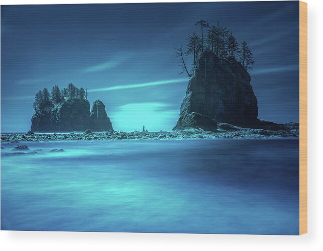 La Push Wood Print featuring the photograph Beach sea stacks with trees by William Lee