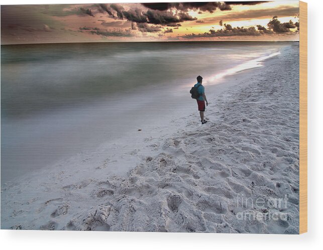 Sunset Wood Print featuring the photograph Beach Walk by Metaphor Photo