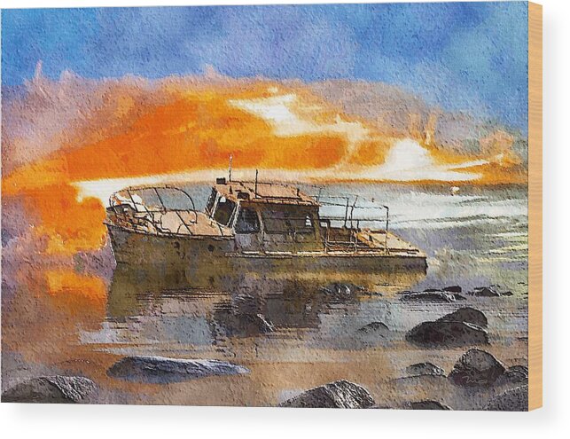 beached Wreck Wood Print featuring the painting Beached Wreck by Mark Taylor