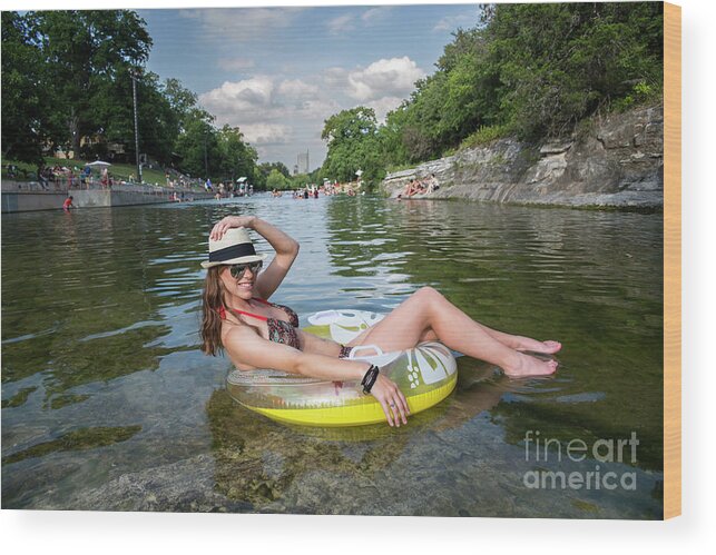Barton Springs Pool Wood Print featuring the photograph Beautiful Austin girl enjoying the Barton Springs Pool on inner by Dan Herron