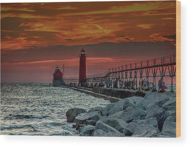 Grand Haven Pier Wood Print featuring the photograph Sunset at Grand Haven Pier by Pat Cook