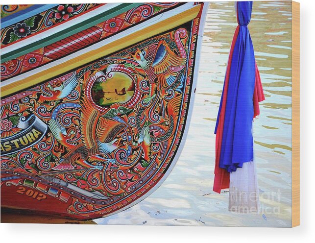 Boat Wood Print featuring the photograph Beautiful painted Asian dragon and floral art on hull of Thai fishing boat Pattani Thailand by Imran Ahmed