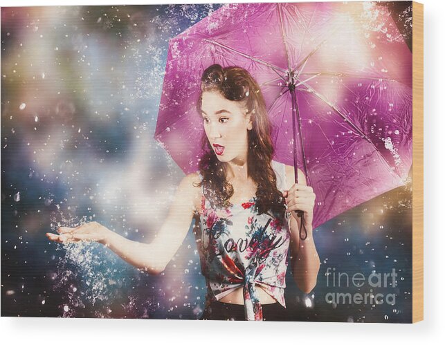 Rain Wood Print featuring the photograph Beautiful pin up woman catching rain water by Jorgo Photography