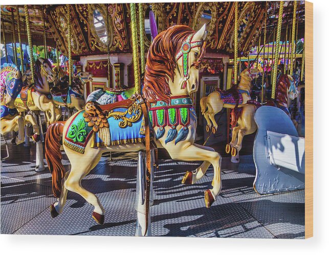 Magical Carousels Wood Print featuring the photograph Beautiful Prancing Carrousel Horse by Garry Gay