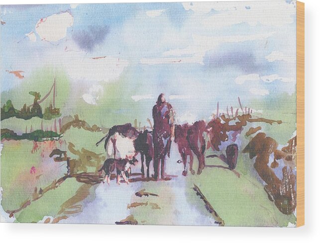 Landscape Wood Print featuring the painting Bernie on the Road by Kathleen Barnes