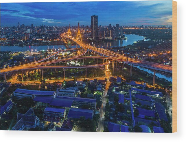 Bangkok Wood Print featuring the photograph Bhumibol bridge aerial view at sunrise by Pradeep Raja PRINTS