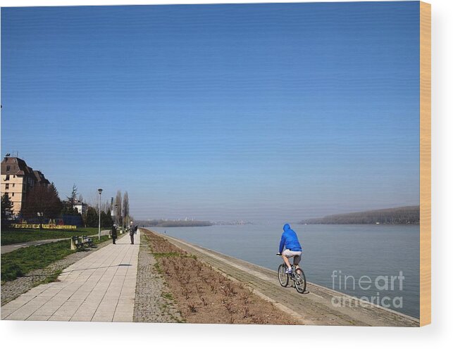 Sava Wood Print featuring the photograph Bicyclist and senior couple at bank of Sava River Belgrade Serbia by Imran Ahmed