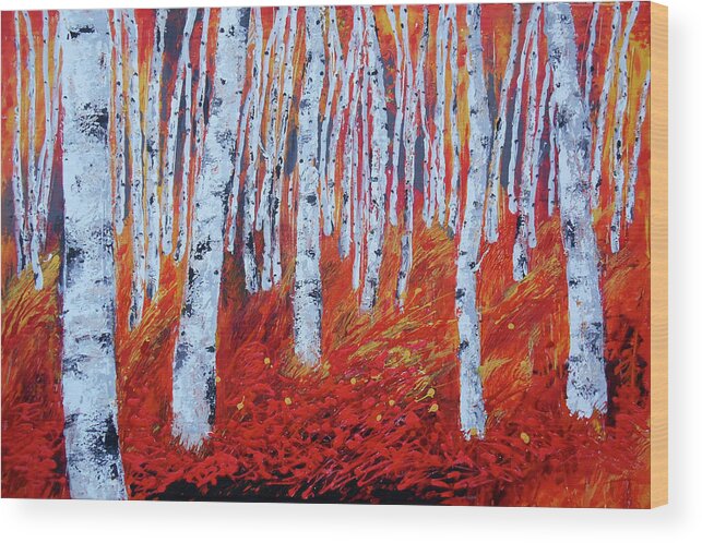 Birch Tree Landscape Forest Woods Fall Autumn Bright Colours Wood Print featuring the painting Birch in Gold by Leon Zernitsky