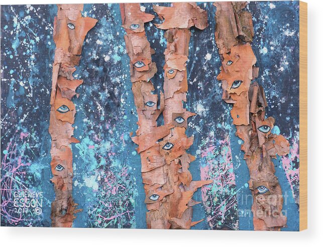 Birch Trees Wood Print featuring the mixed media Birch Trees With Eyes by Genevieve Esson