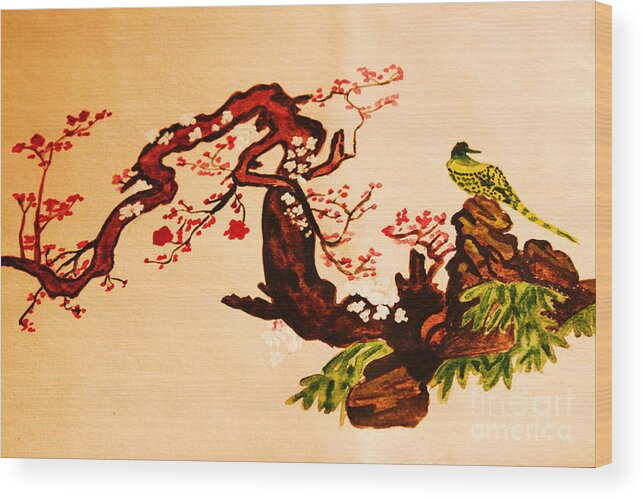 Hand Drawn Wood Print featuring the painting Bird on branch by Irina Afonskaya