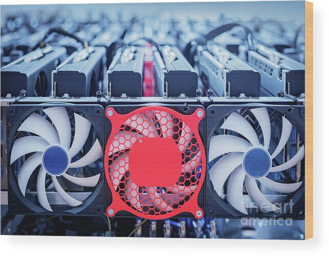 Machine Wood Print featuring the photograph Bitcoin industry hardware. Cryptocurrency mining by Michal Bednarek