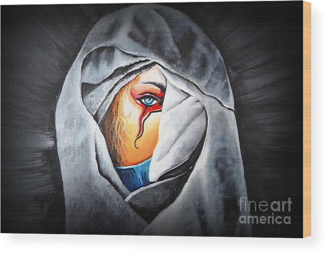 A Woman With Half Of Her Face Covered With A Black Hood And Blue Scarf. She Has Light Blonde Hair Wood Print featuring the painting Black Widow by Martin Schmidt