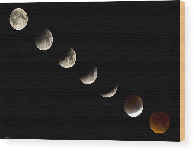 Lunar Eclipse Wood Print featuring the photograph Bloodmoon Lunar Eclipse with phases composite by Andy Myatt