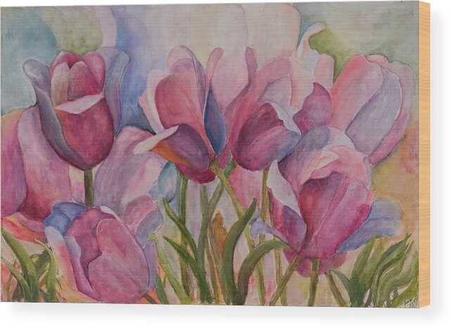 Floral Wood Print featuring the painting Blue and Pink Tulips by Nadine Button
