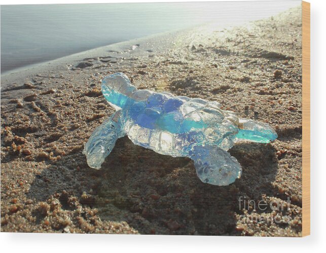 Sculpture Wood Print featuring the sculpture Blue Baby Sea Turtle from the Feral Plastic series by Adam Long by Adam Long