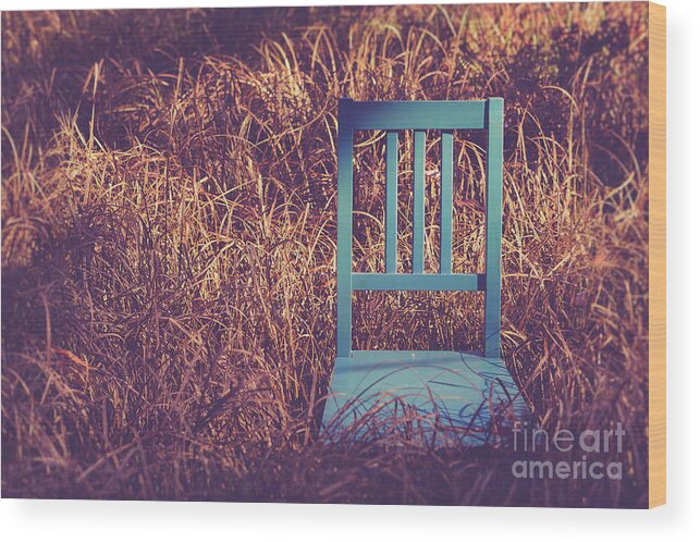New Hampshire Wood Print featuring the photograph Blue chair out in a field of talll grass by Edward Fielding