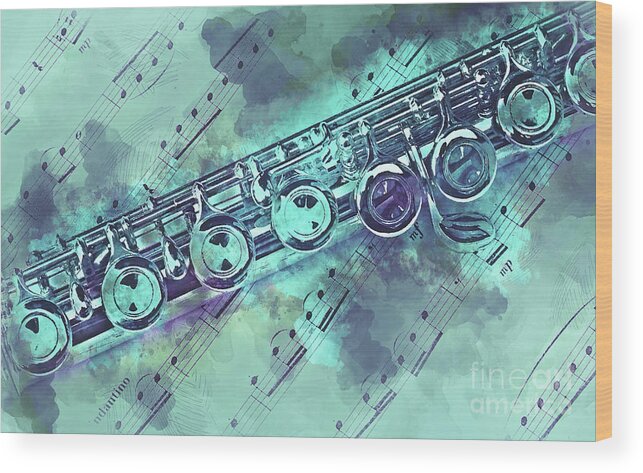 Flute Wood Print featuring the painting Blue flute watercolor by Delphimages Photo Creations
