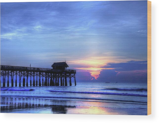 Blue Morning Over Cocoa Beach Pier Wood Print featuring the photograph Blue Morning Over Cocoa Beach Pier by Carol Montoya
