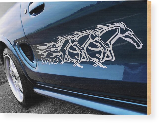 Ford Mustang Wood Print featuring the photograph Blue Stang with White Ponies by Gill Billington