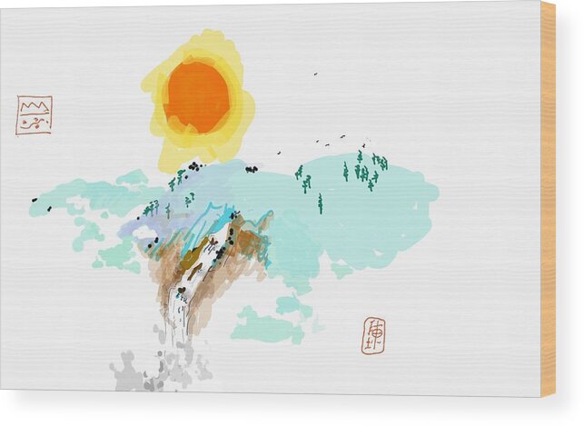 Landscape. Waterfall. Mountains. Sun Wood Print featuring the digital art Blue Waterfalll by Debbi Saccomanno Chan