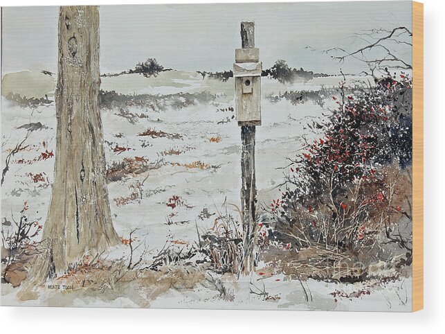 A Bluebird House Hangs On A Wooden Fence Post With A Light Snow Covered Field In The Background. Wood Print featuring the painting Bluebirds by Monte Toon