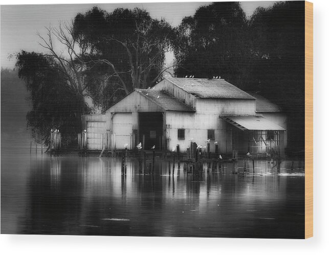 Watkins Glen Wood Print featuring the photograph Boathouse bw by Bill Wakeley