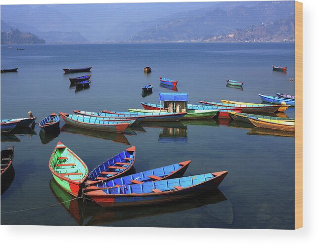 Nepal Wood Print featuring the photograph Boats On Phewa Lake, Pokhara, Nepal by Aidan Moran
