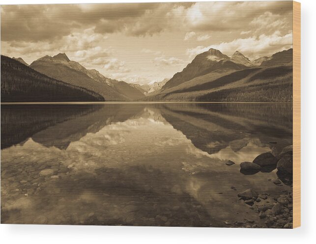 Mountain Wood Print featuring the photograph Bowman Lake, sepia by Jedediah Hohf