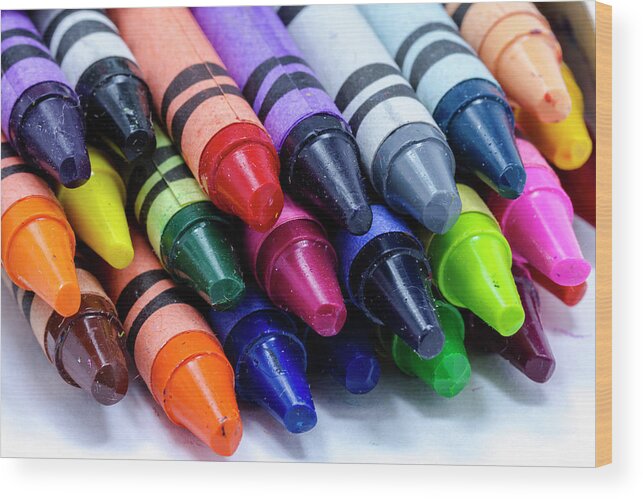 Charcoal Wood Print featuring the photograph Box of Colorful Crayons by Teri Virbickis