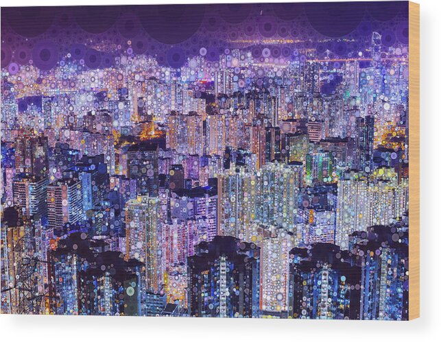 Hong Kong Wood Print featuring the mixed media Bright Lights, Big City by Susan Maxwell Schmidt