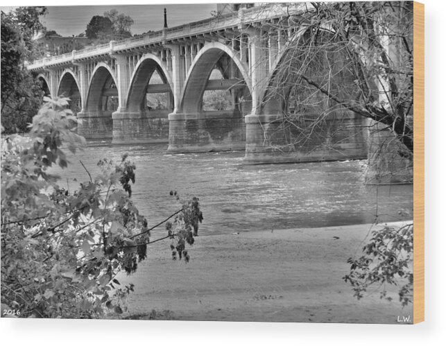 Gervais Street Bridge Black And White Wood Print featuring the photograph Gervais Street Bridge Black And White by Lisa Wooten