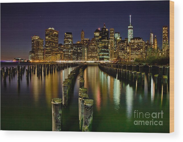New York City Wood Print featuring the photograph Brooklyn Pier At Night by Az Jackson