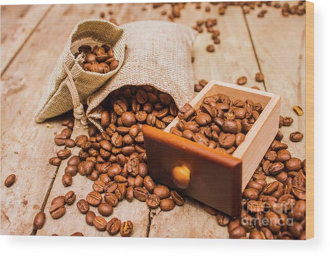 Cafe Wood Print featuring the photograph Burlap bag of coffee beans and drawer by Jorgo Photography