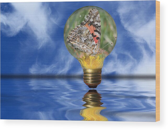 Butterfly Wood Print featuring the photograph Butterfly In Lightbulb - Landscape by Shane Bechler
