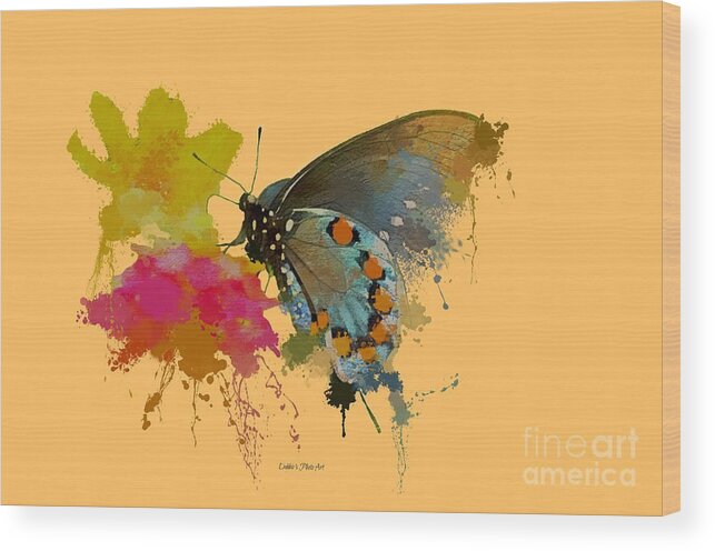 Nature Wood Print featuring the photograph Butterfly on Lantana - Splatter Paint Tee Shirt Design by Debbie Portwood
