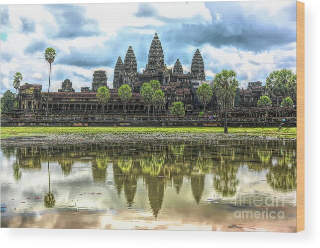 Angkor Wat Wood Print featuring the digital art Cambodia Panorama Angkor Wat Reflections by Chuck Kuhn
