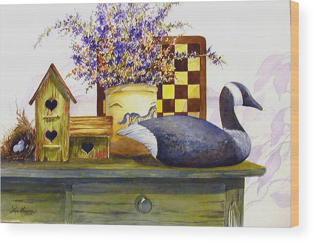 Canada Goose;birdhouse;bird Nest;crock;checkerboard;still Life;country Still Life; Wood Print featuring the painting Canada and Checkerboard by Lois Mountz