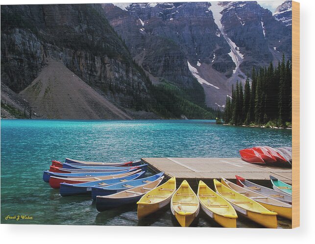 Canada Wood Print featuring the photograph Canoes at Moraine Lake by Frank Wicker