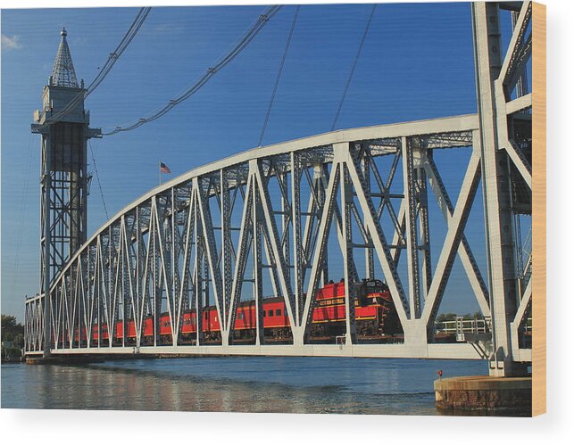 Railroad Wood Print featuring the photograph Cape Cod Canal Railroad Bridge Train by John Burk