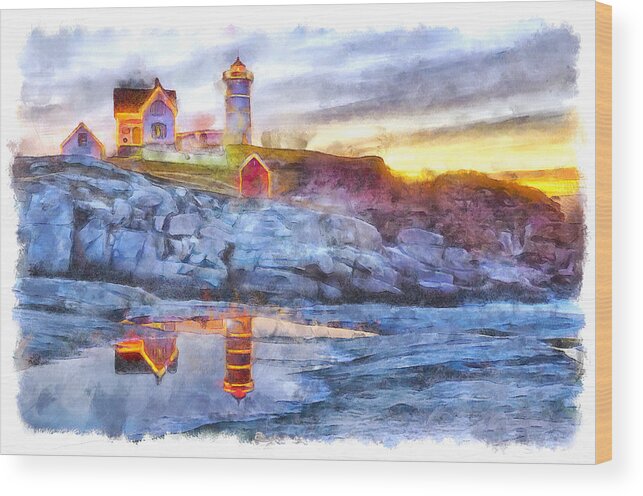 Landscape Wood Print featuring the photograph Cape Neddick Light Watercolor by Betty Denise