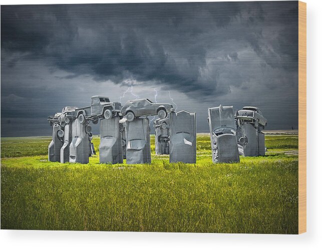 Landscape Wood Print featuring the photograph Car Henge in Alliance Nebraska after England's Stonehenge by Randall Nyhof