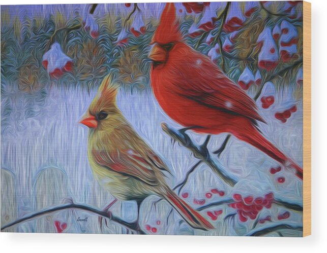 Painted Photo Wood Print featuring the digital art Cardinal Family by Dennis Baswell
