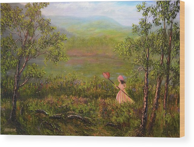 Girl Wood Print featuring the painting Catching Butterflys by Michael Mrozik