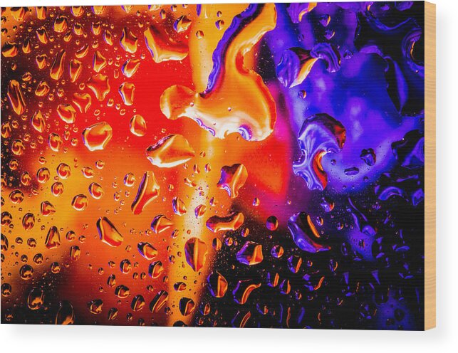 Macro Closeup Water Drops Space Orange Purple Bruce Pritchett Photography Wood Print featuring the photograph Celestial Fusion Break by Bruce Pritchett